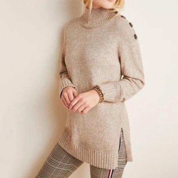 Anthropologie Margarita Button Mock Neck Sweater Tunic in Taupe Beige - Picture 1 of 6
